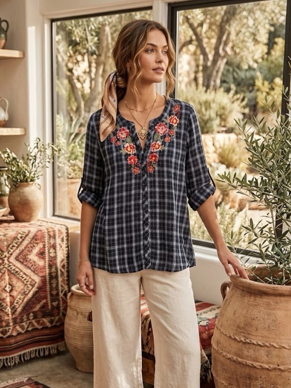 Andree by Unit Floral Embroidered Plaid Tunic Blouse- Navy